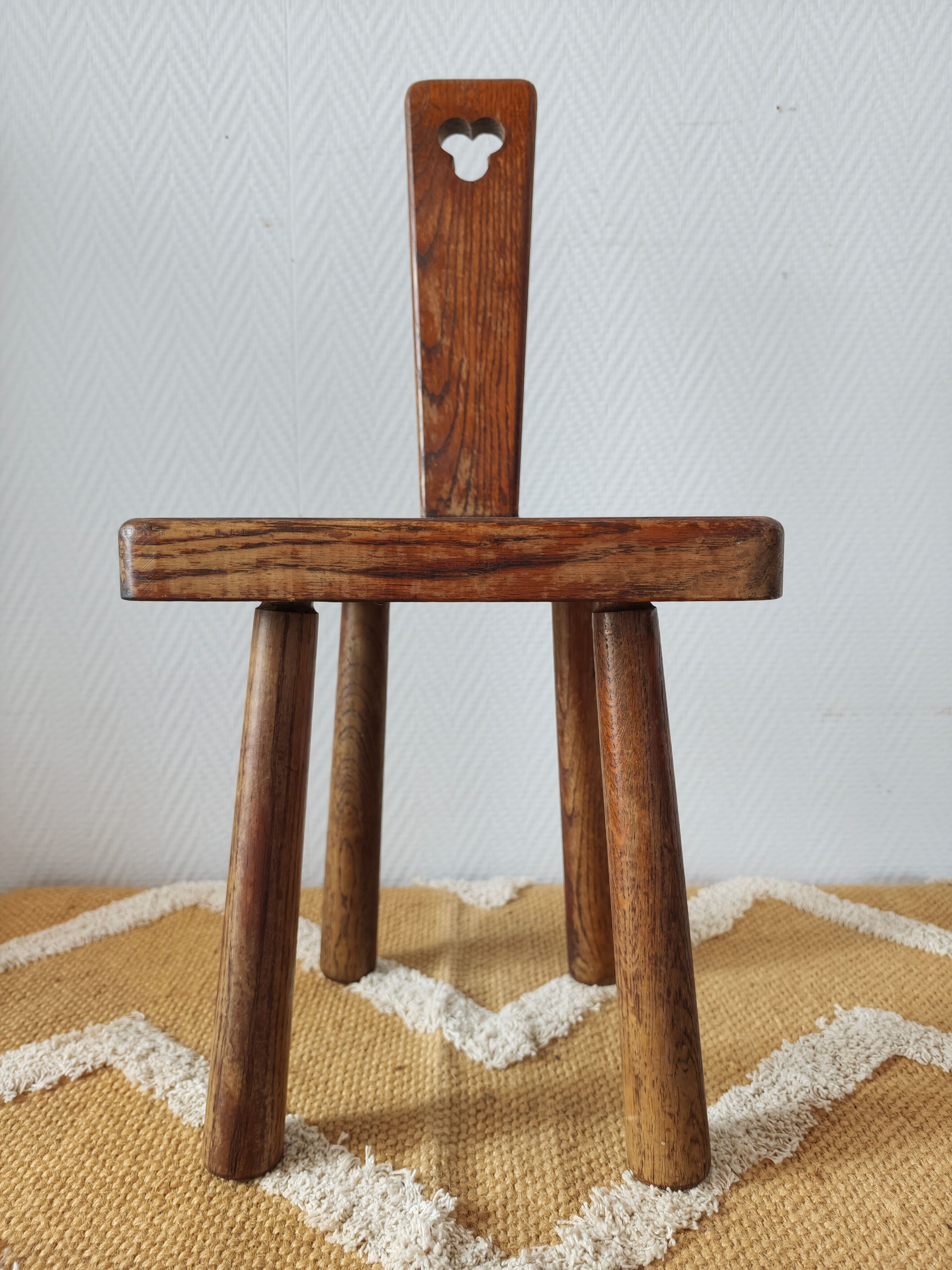 Brutalist stool with backrest in solid oak, origin Netherlands