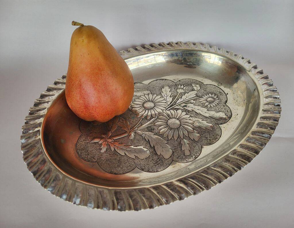Antique Silver Plated Brass Oval Dish Fruit Bowl