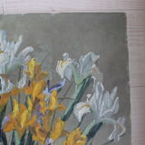Oil painting on canvas bouquet of iris signed and side