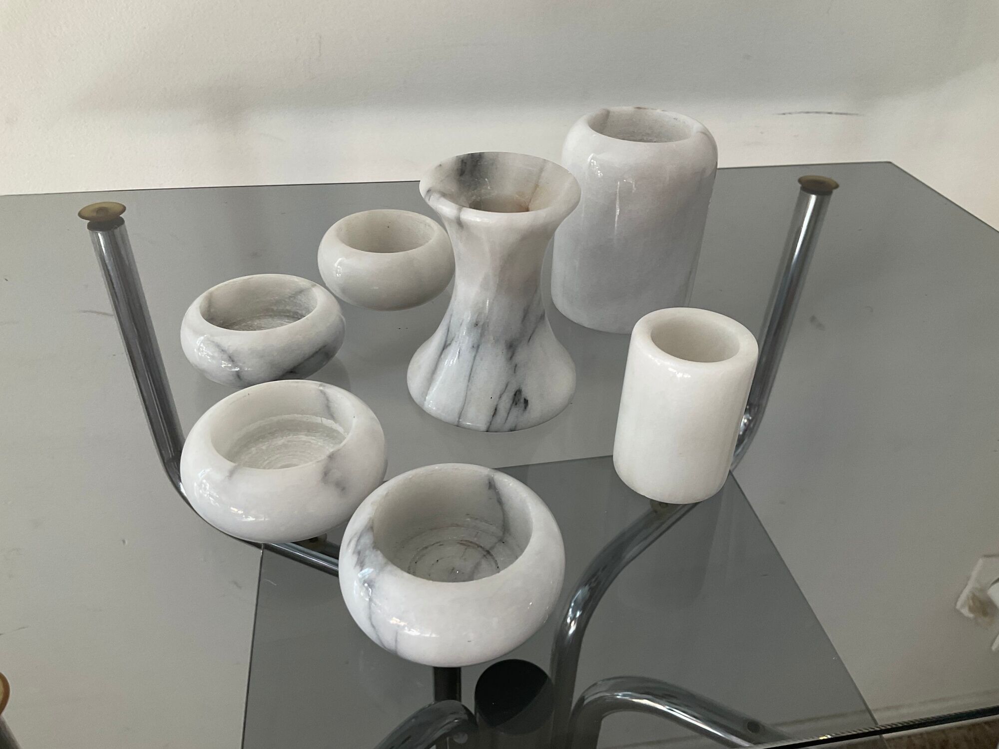 Series of 6 vintage candle holders in white marble 70s