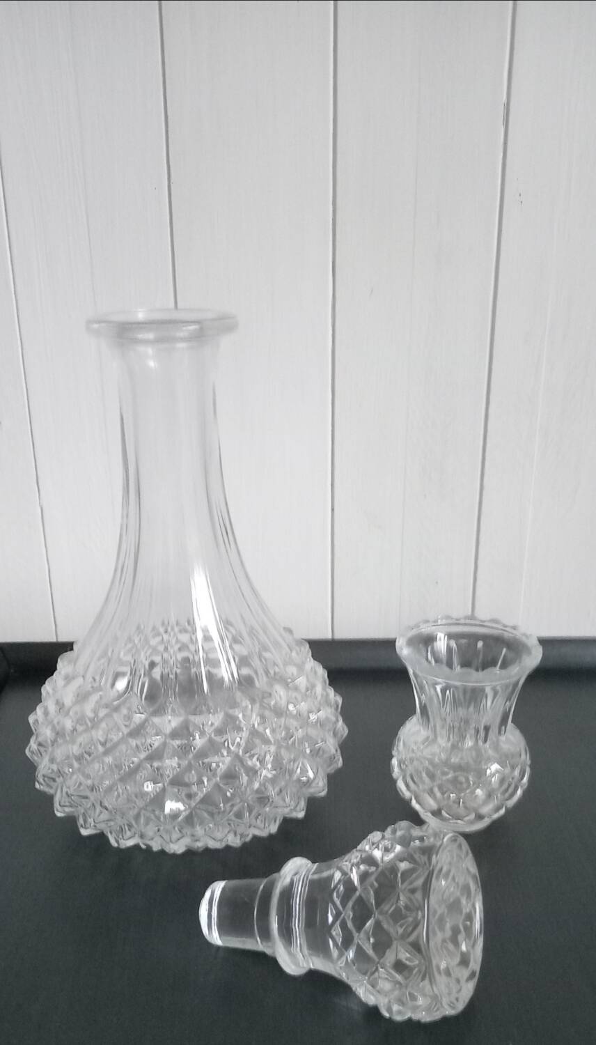 Diamond cut carafe and small vase