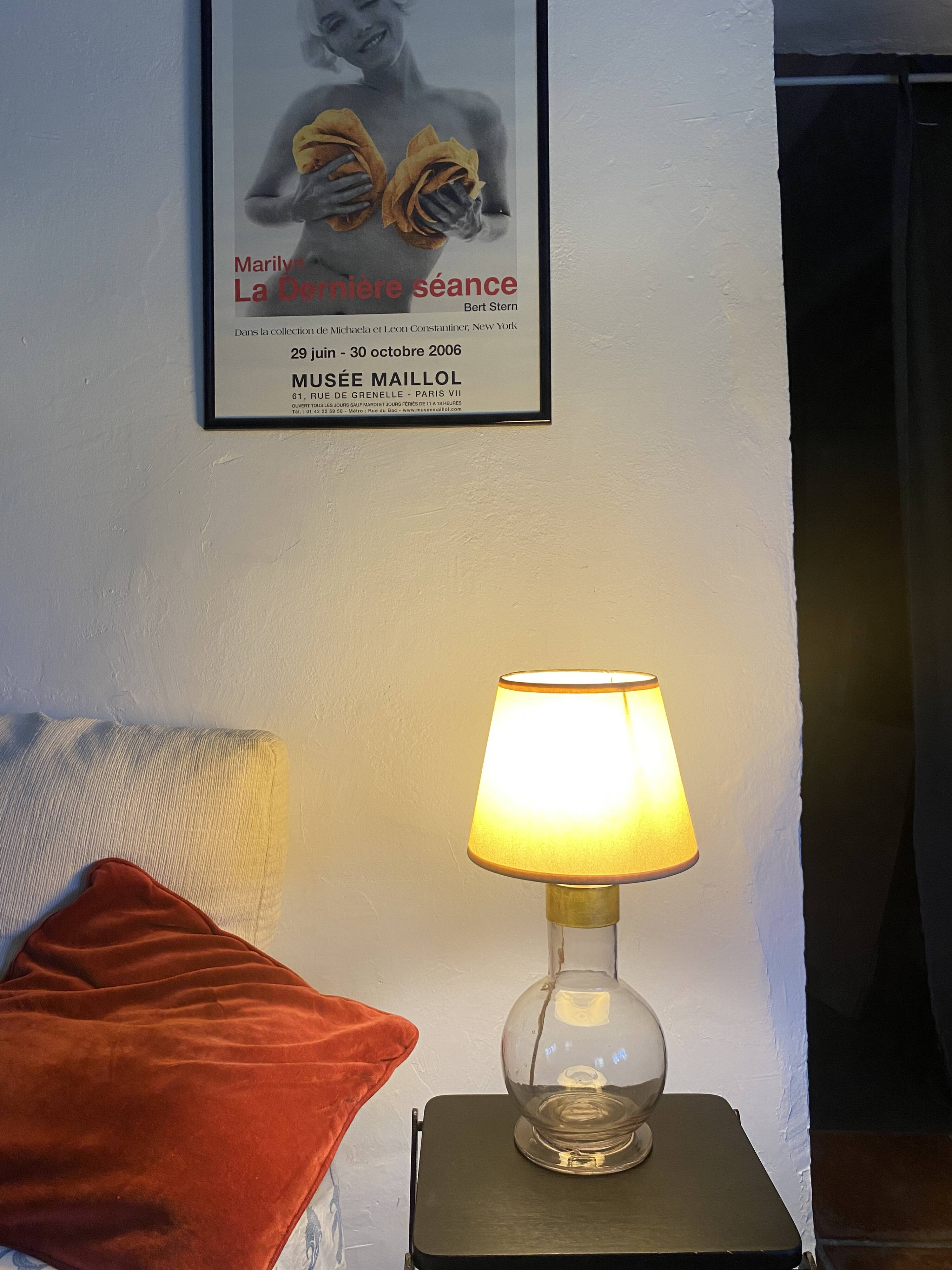 Glass lamp, brass, 2 M fabric cable, 50s lampshade