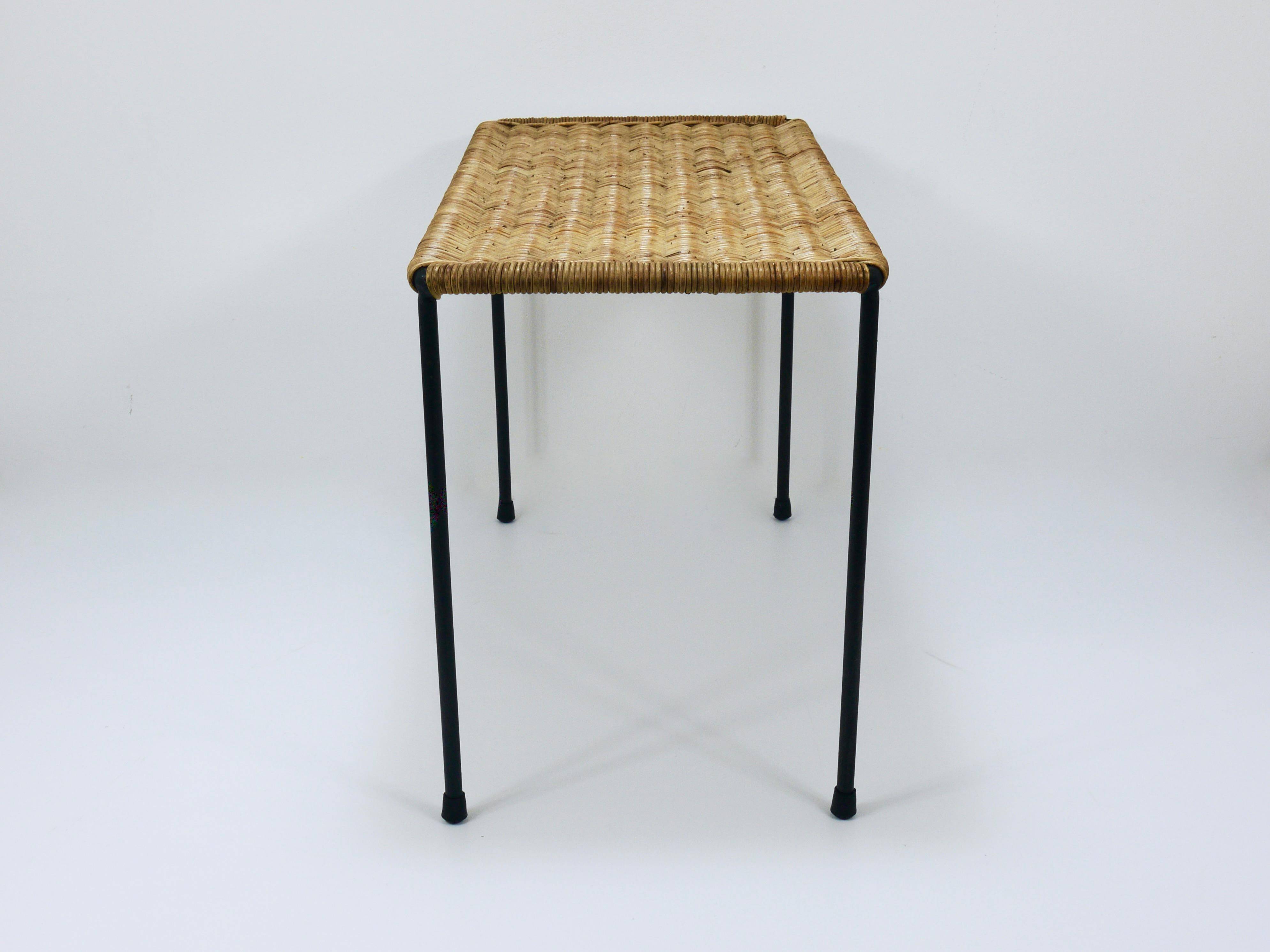 Long side table by Carl Aubock, flower bench, rattan, wicker, Austria, 1950s