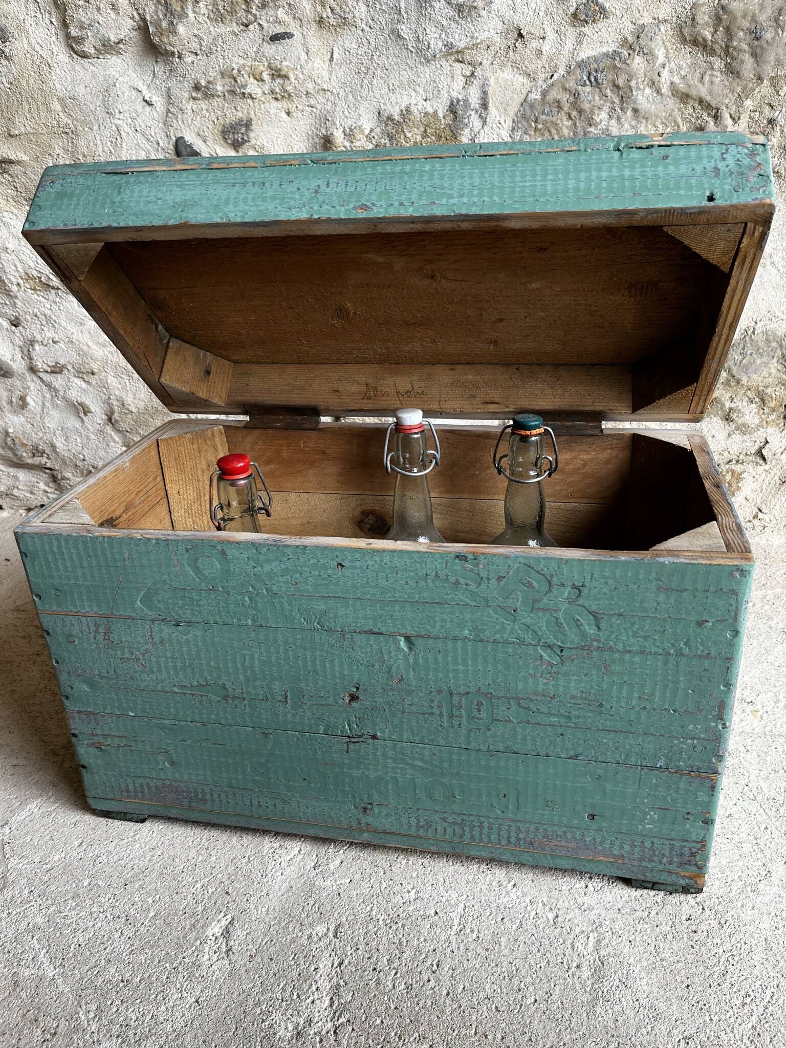 Patinated green wooden chest