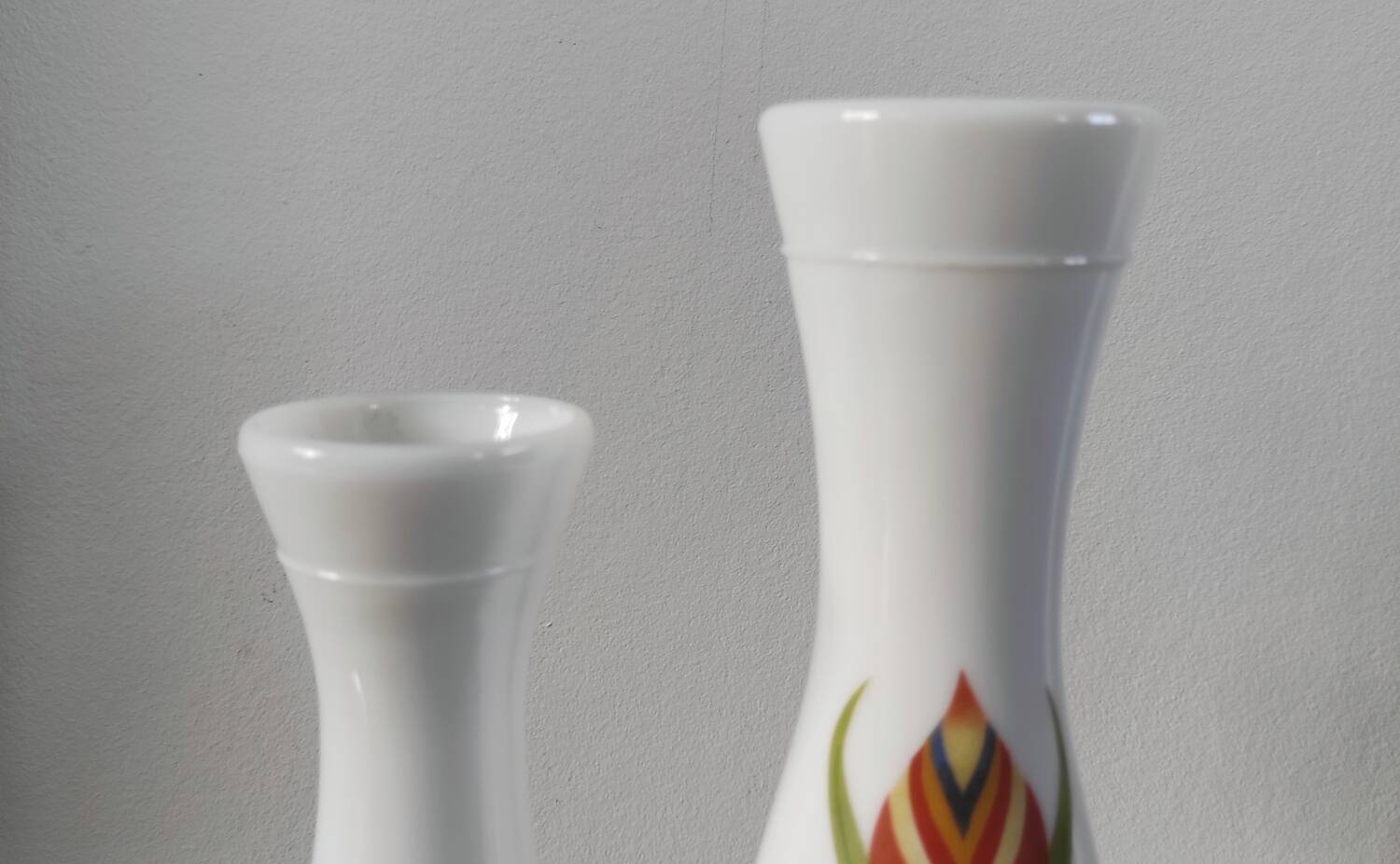 Pair of white opaline flower vases with floral decoration – 1970s