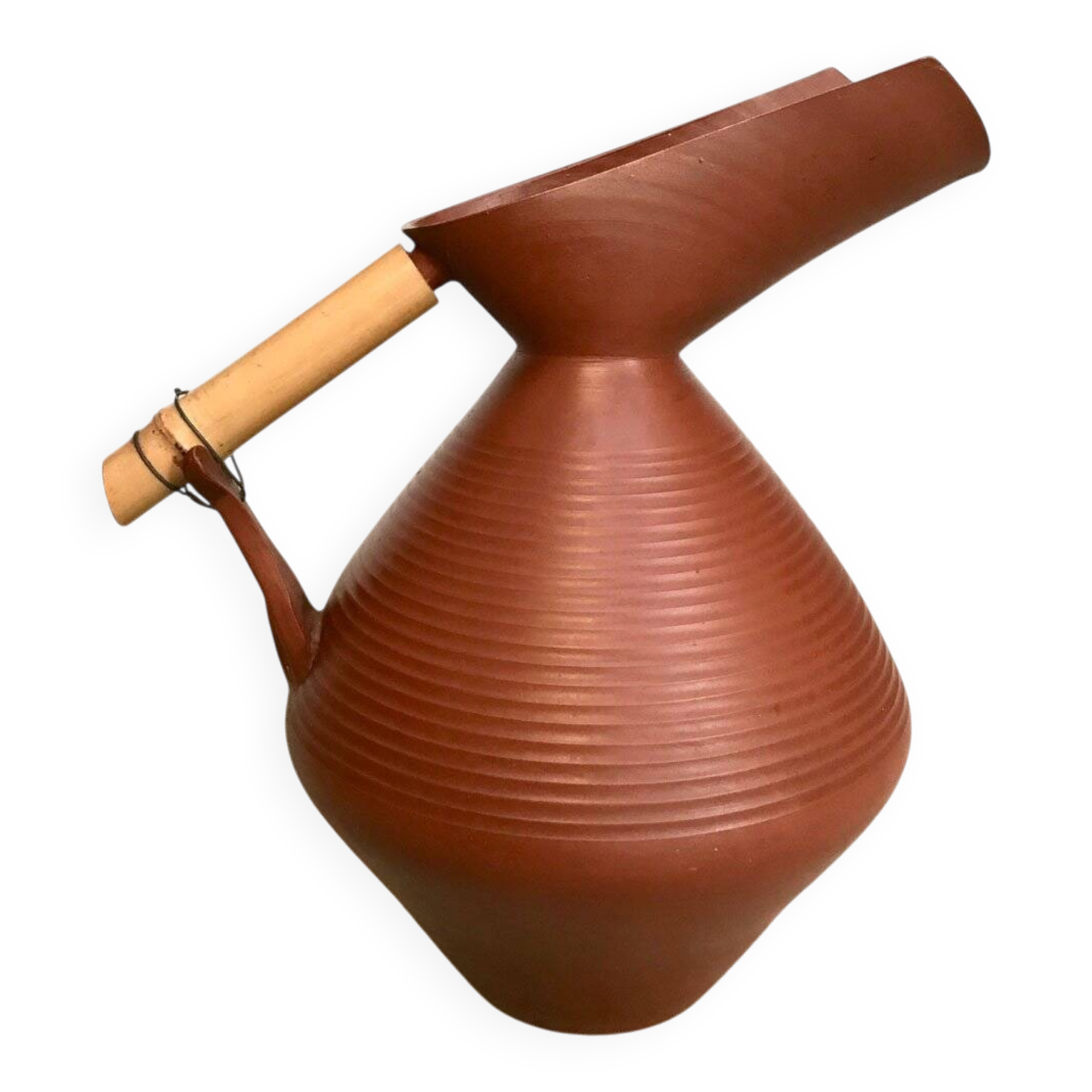 Studio pottery jug floor vase in terracotta and bamboo handle Germany 1950s