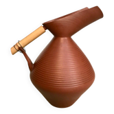 Studio pottery jug floor vase in terracotta and bamboo handle Germany 1950s