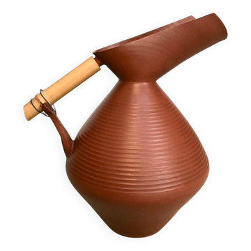 Studio pottery jug floor vase in terracotta and bamboo handle Germany 1950s