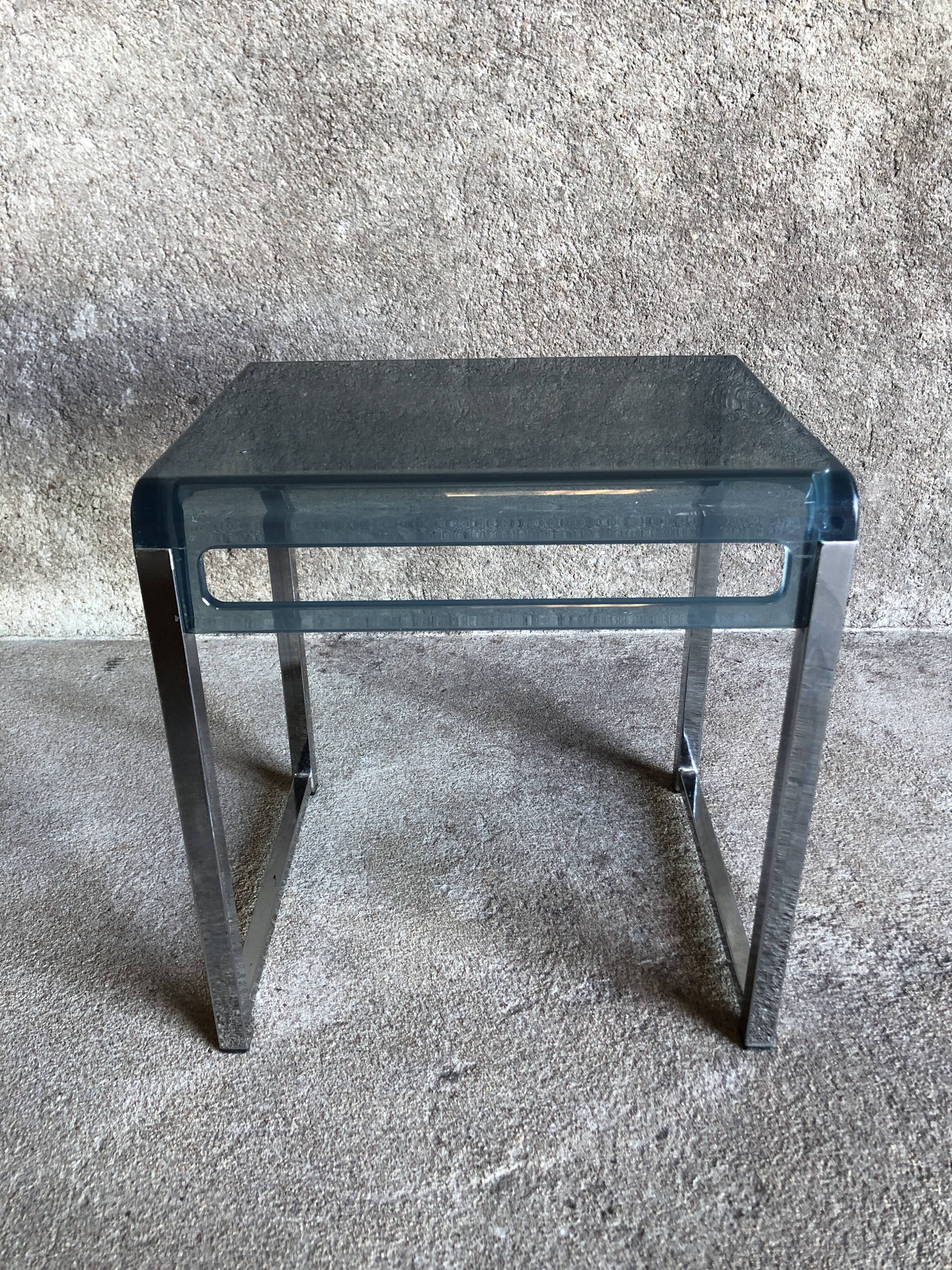Bedside table in blue plexiglass and chrome metal, 1970