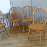 4 Scandinavian Windsor chairs in solid beech 1970s
