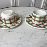 Duo of coffee cups and sub-cups Scottish / Vichy pattern 50s