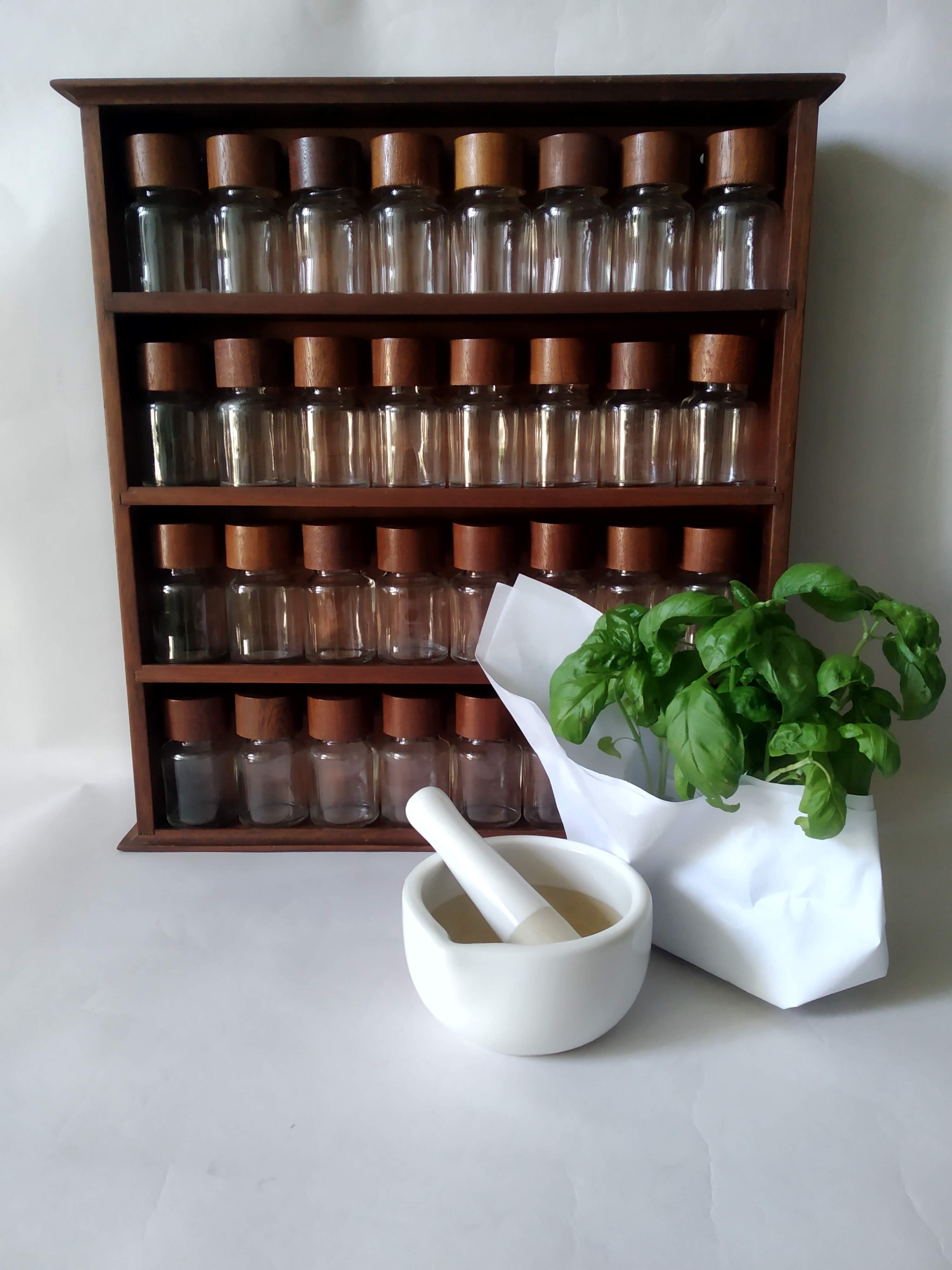 Wooden shelf with 32 vintage Cole & Mason spice jars