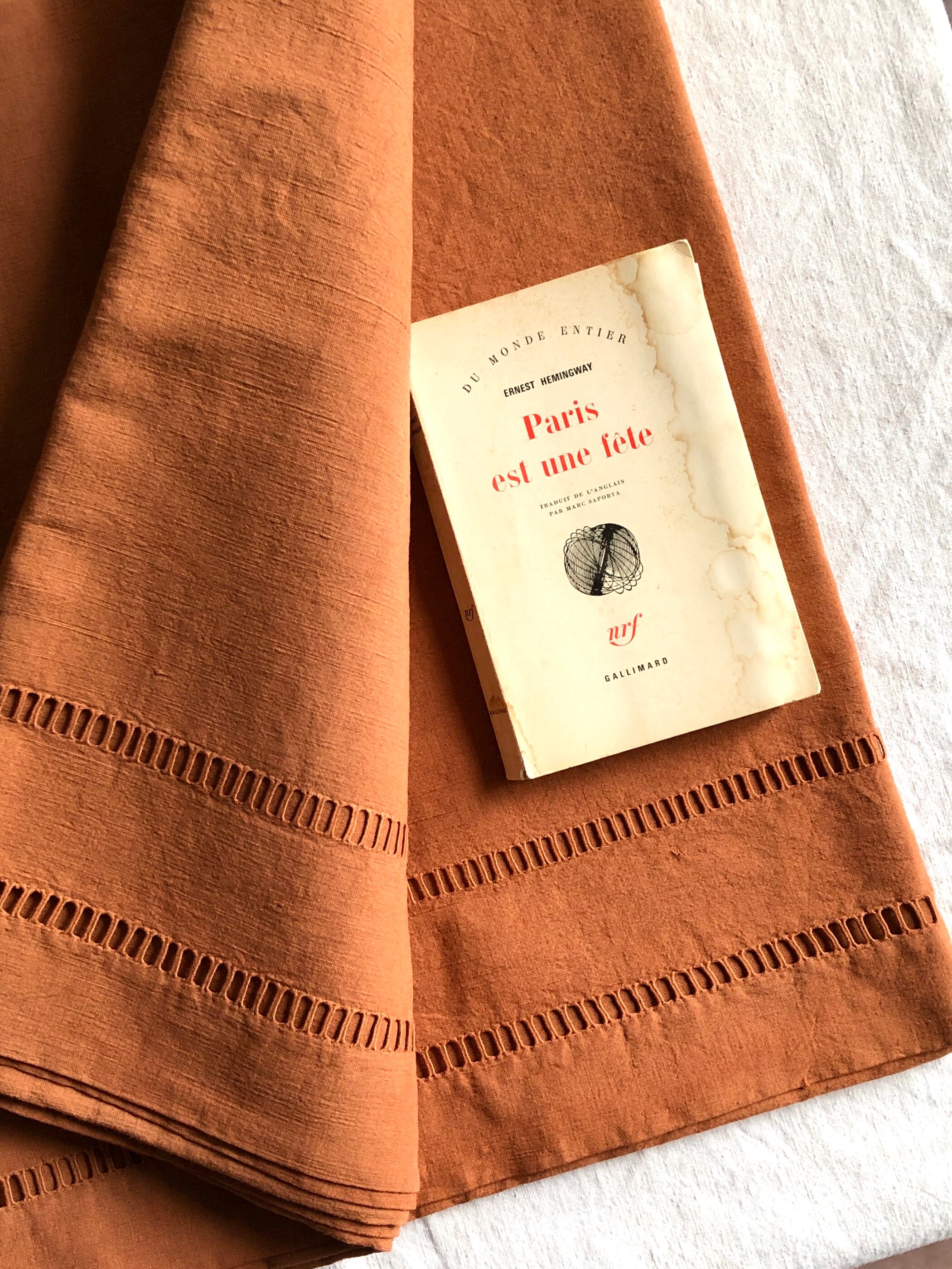 Antique linen and cotton towel dyed terracotta