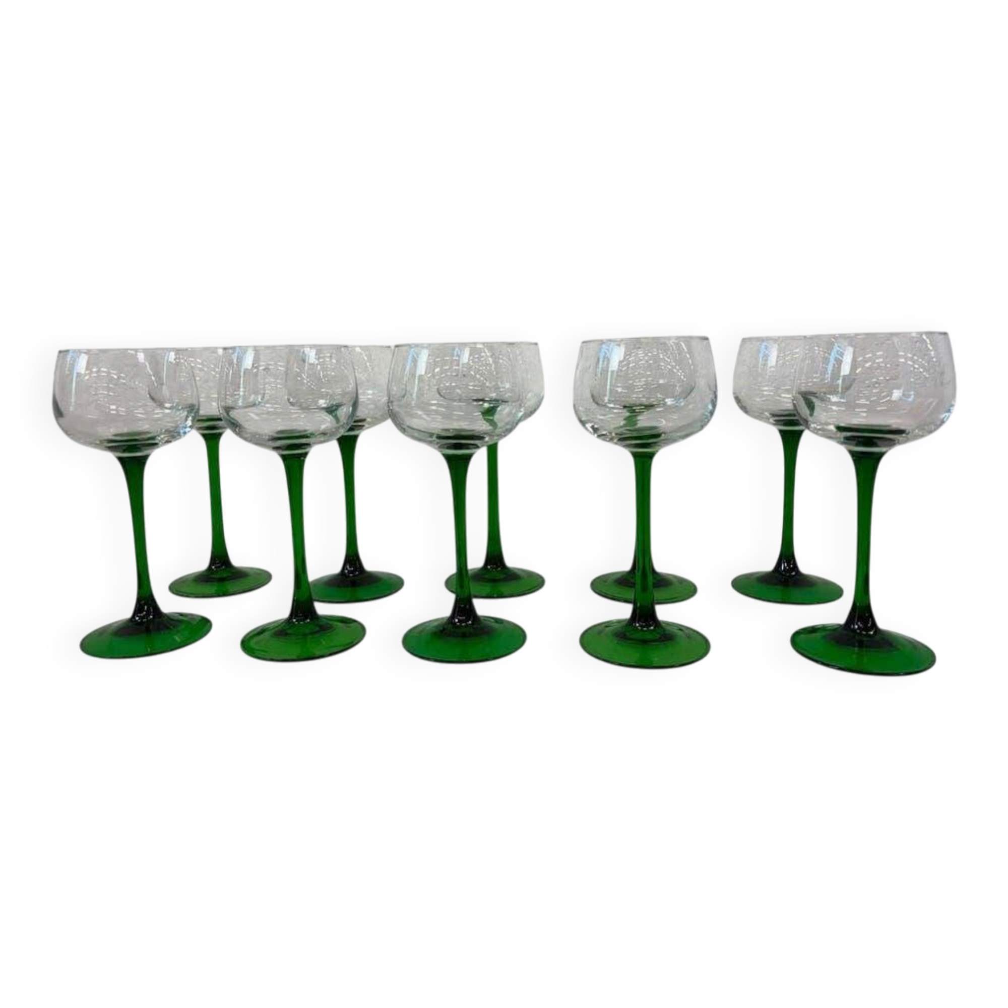 Set of 10 vintage green glass wine glasses Luminarc Alsace