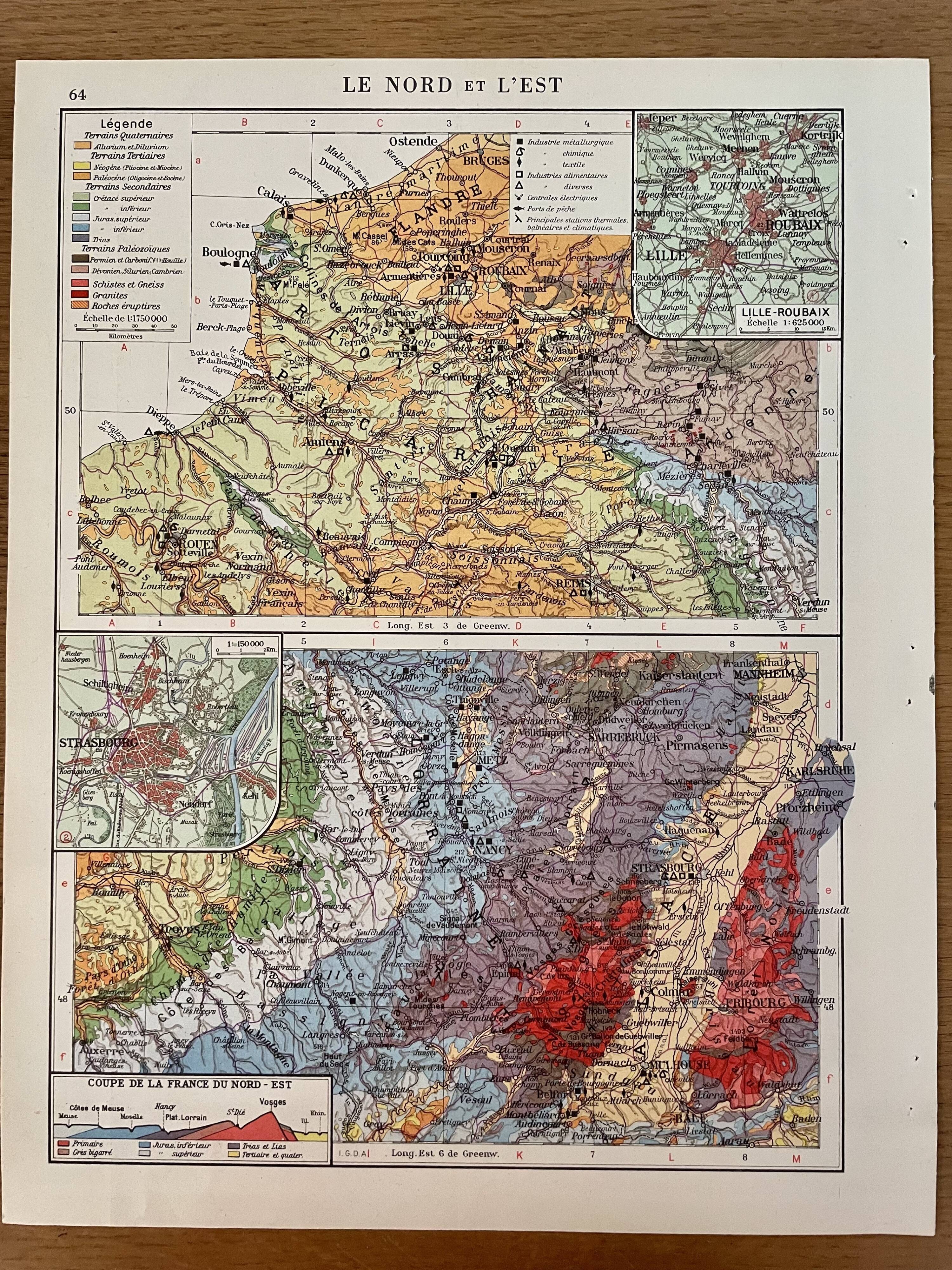 Ancienne carte du Nord et de l'Est de la France de 1945