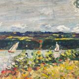 Oil on canvas landscape with 2 boats