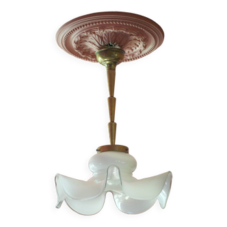 Lustre vintage, lustre opaline blanche et bronze, suspension opaline