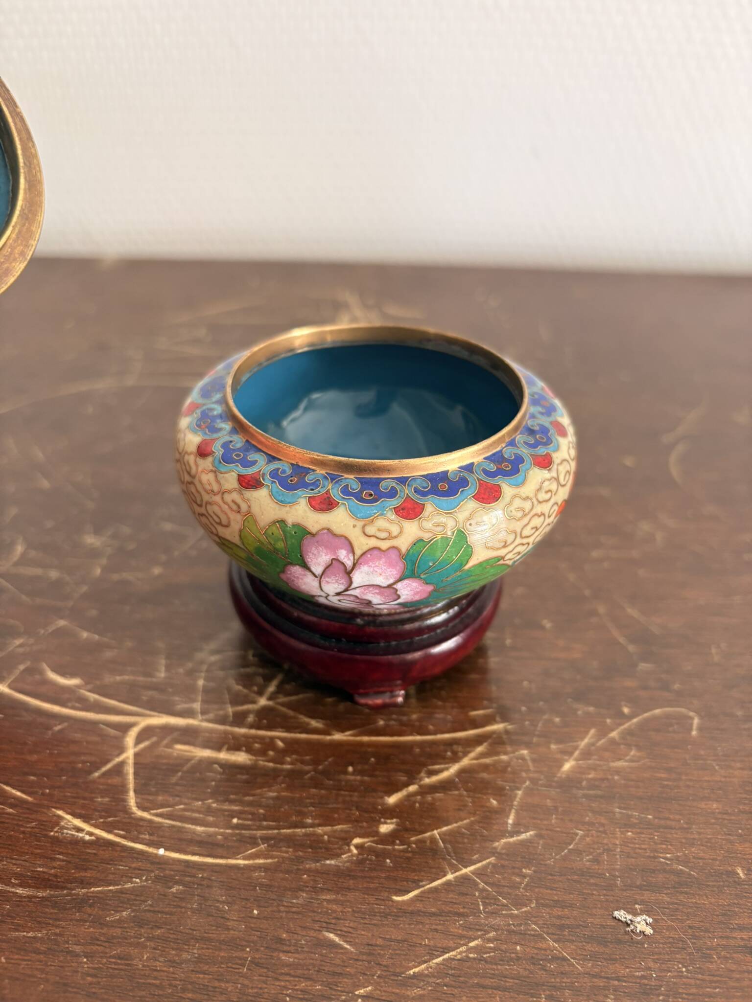 Antique Box Pot Lid Cloisonné Chinese Peony Jewellery Cosmetic