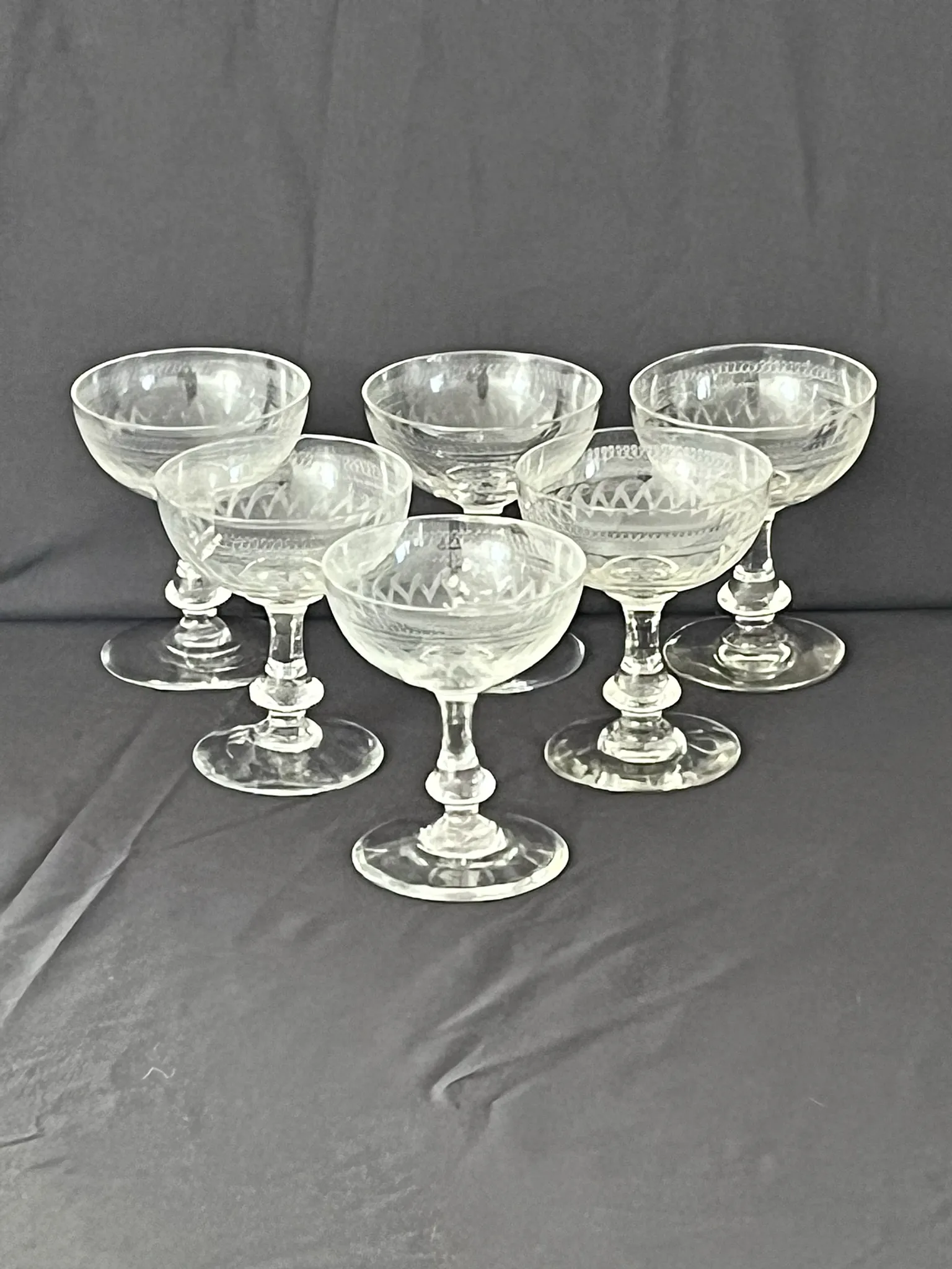 Champagne Coupes – Set of 6 Antique Hand Engraved Art Deco Stemware