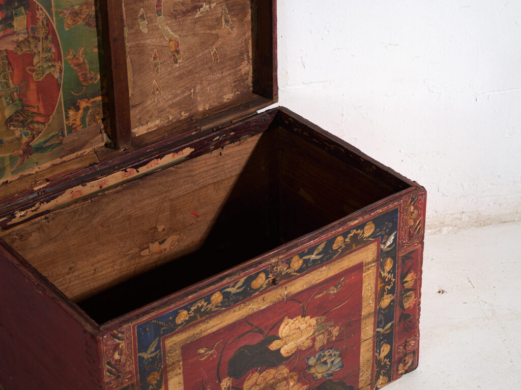 Antique chest painted vermilion red made of pine – China, circa 1900