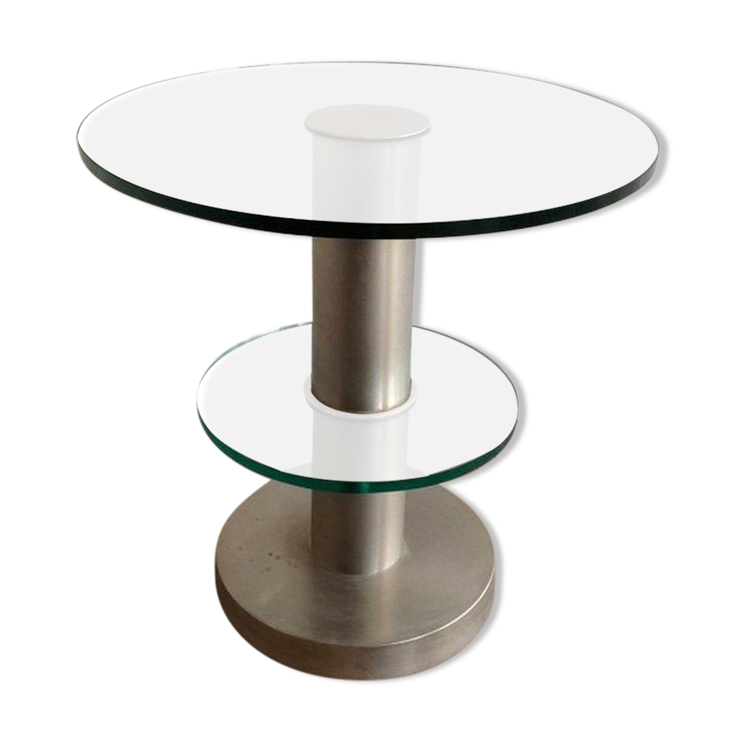 Brushed metal pedestal table and glass slabs