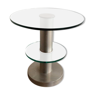 Brushed metal pedestal table and glass slabs