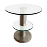 Brushed metal pedestal table and glass slabs