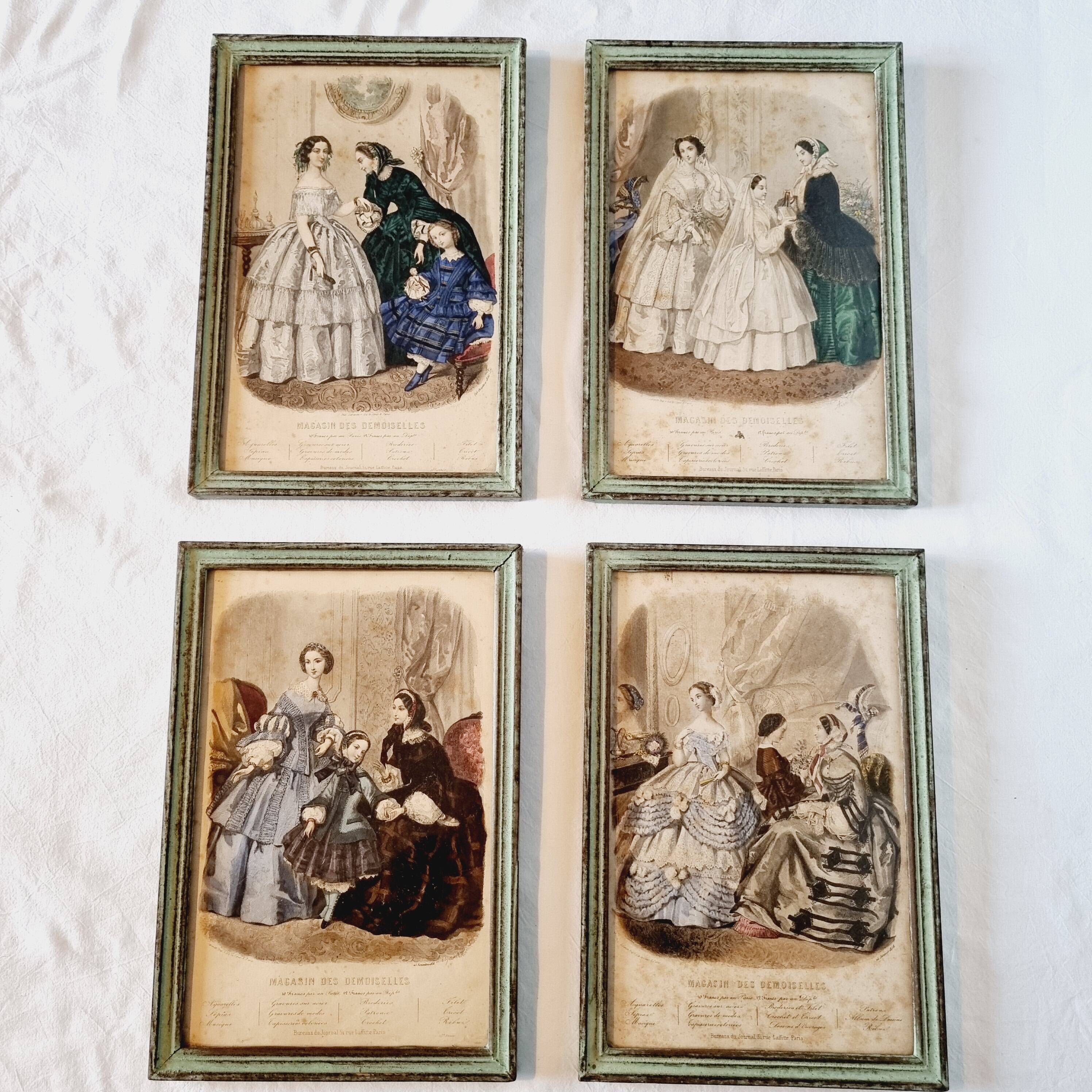 Lot de 4 tableaux avec gravures de mode originales de la fin du 19ème siècle