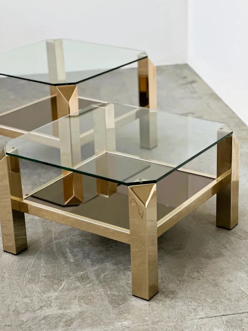 Set of 2 Belgo coffee tables in chrome brass and glass, Belgium, 1970s