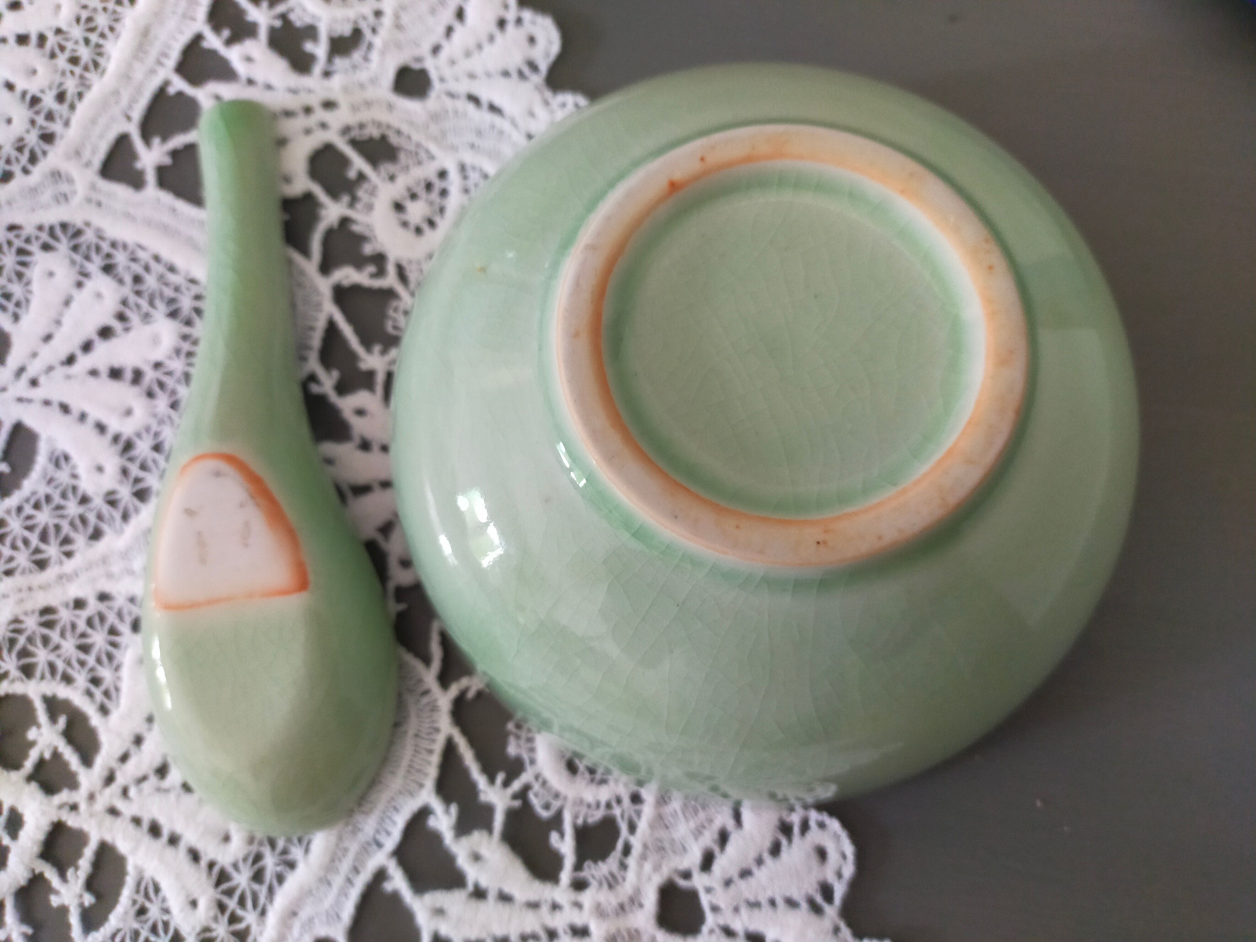 Celadon green glazed ceramic bowl and its vintage spoon/ rice bowl/ soup bowl/ chinese bowl/