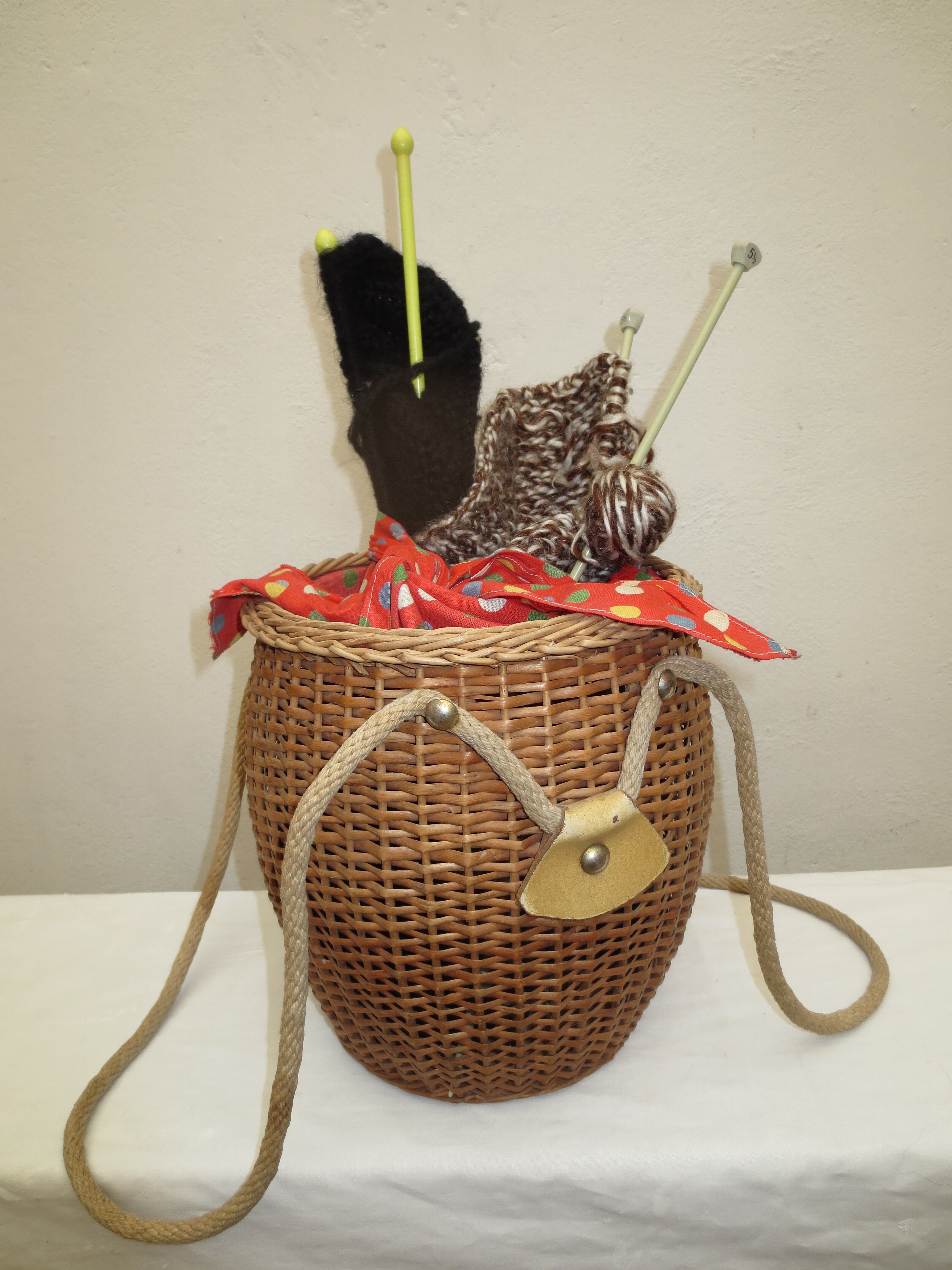 Vintage rattan basket for knitting and work