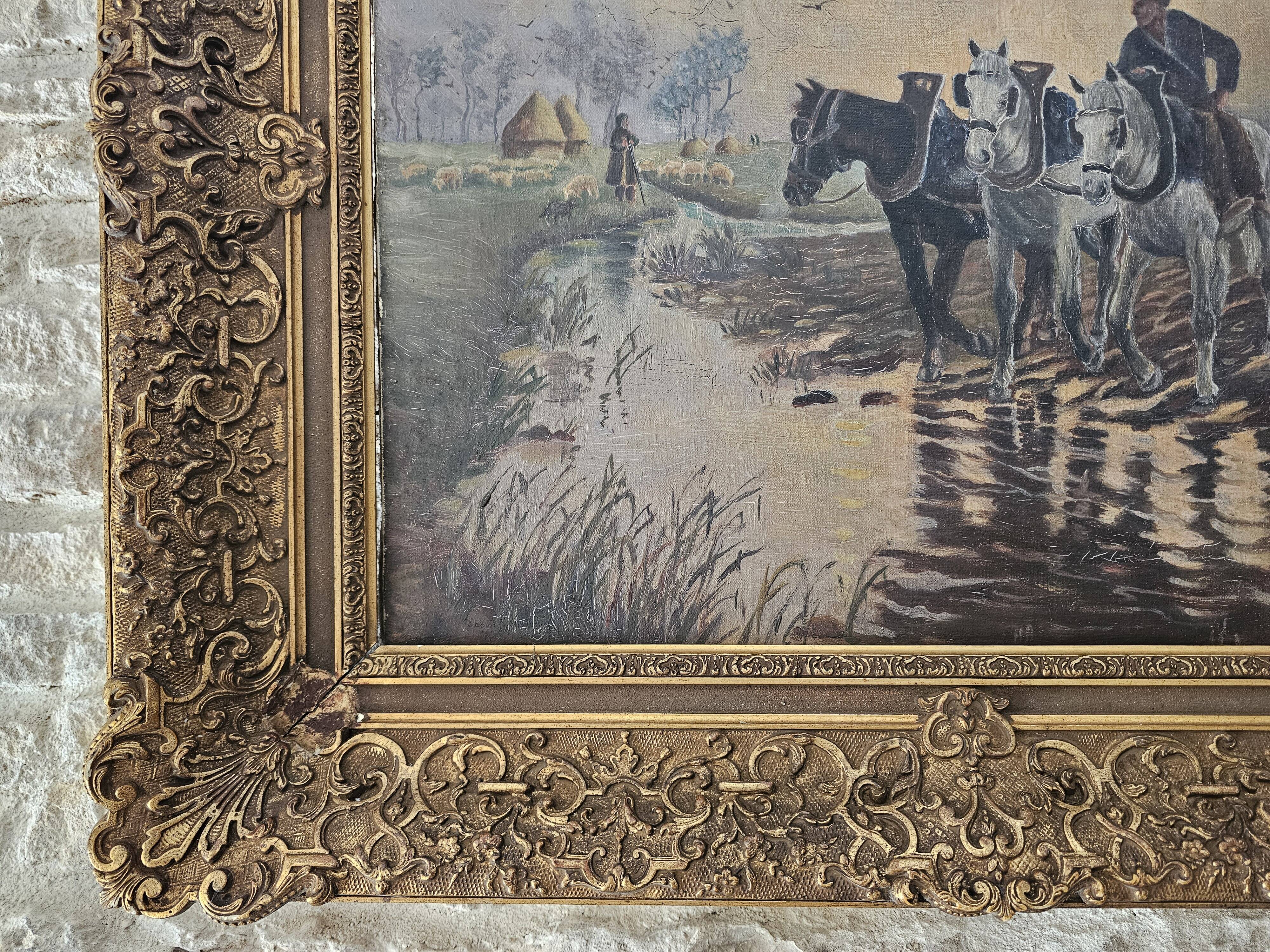Tableau Huile sur Toile Paysage chevaux ruisseau - Signé M.T. Flabault 1929