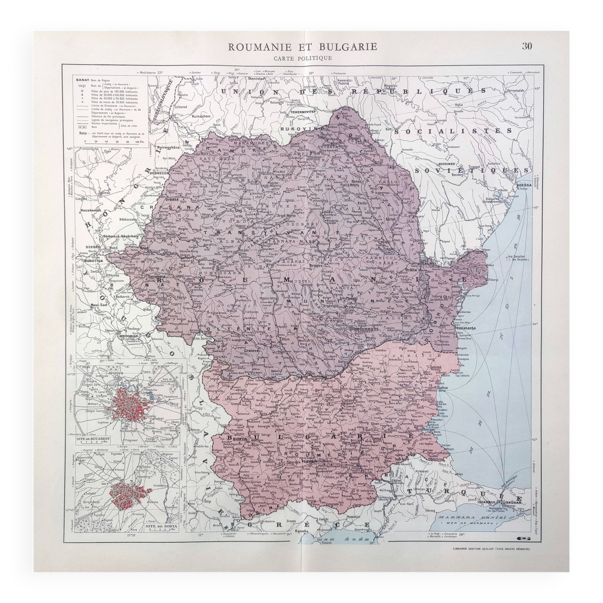 Old map Romania and Bulgaria 43x43cm from 1950
