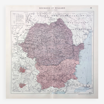 Carte ancienne Roumanie et Bulgarie 43x43cm de 1950