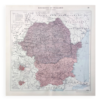 Carte ancienne Roumanie et Bulgarie 43x43cm de 1950