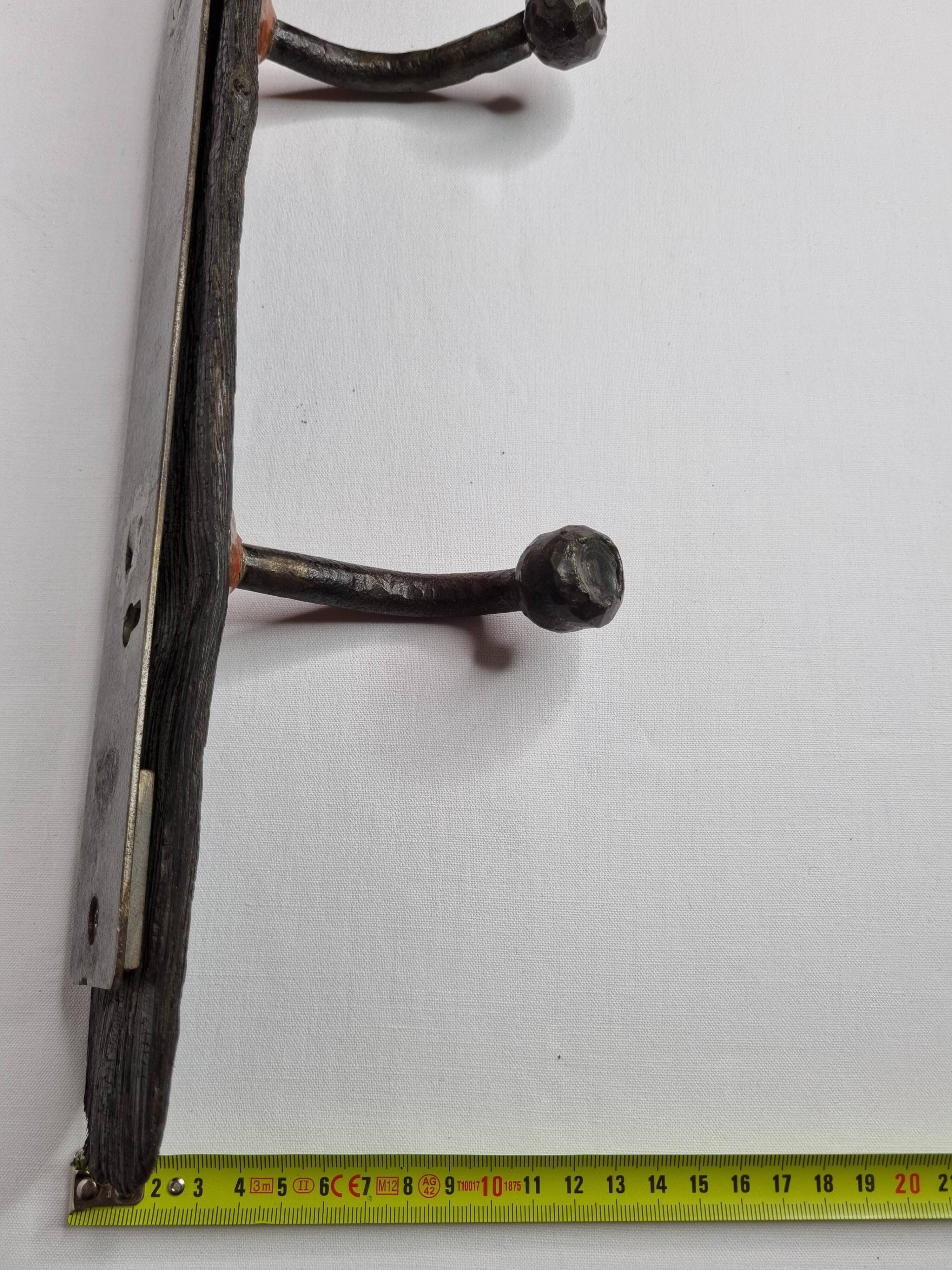 Handcrafted wall coat rack in driftwood, copper and forged steel, 3 hooks, 63 cm