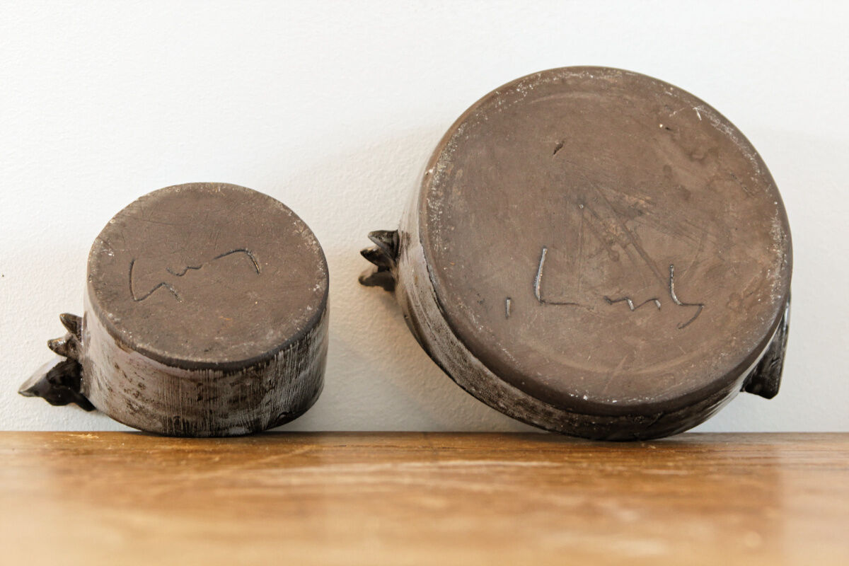 Duo of terracotta ramekins "hen" signed