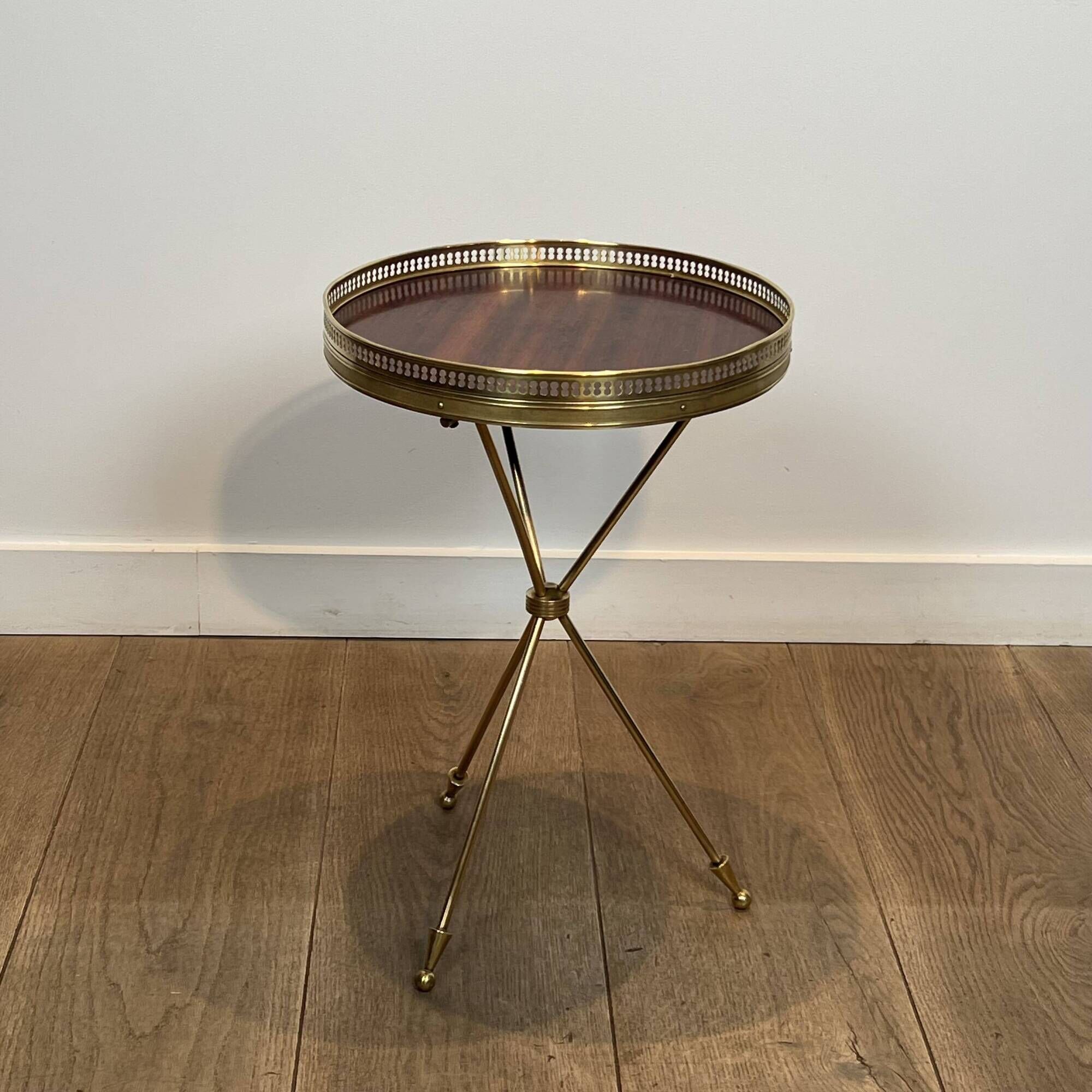 Tripod Side Table in Brass with Mahogany Top and Openwork Gallery. St. Trava