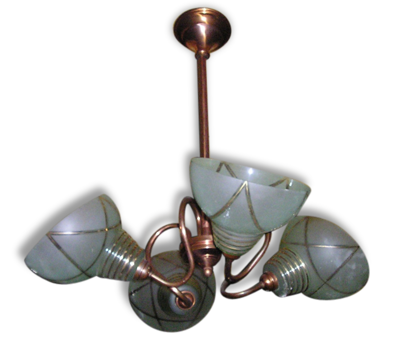 4-light copper and glass pendant chandelier, vintage 1950s