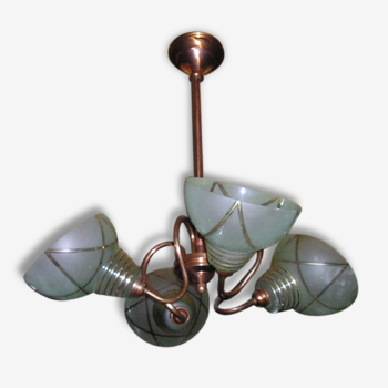 Chandelier suspension in copper and glass 4 lights, vintage 50s