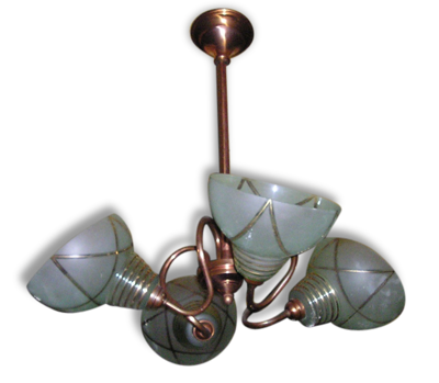 Lustre suspension en cuivre et verre 4 feux, vintage années 50