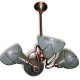 Lustre suspension en cuivre et verre 4 feux, vintage années 50