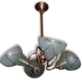 Lustre suspension en cuivre et verre 4 feux, vintage années 50