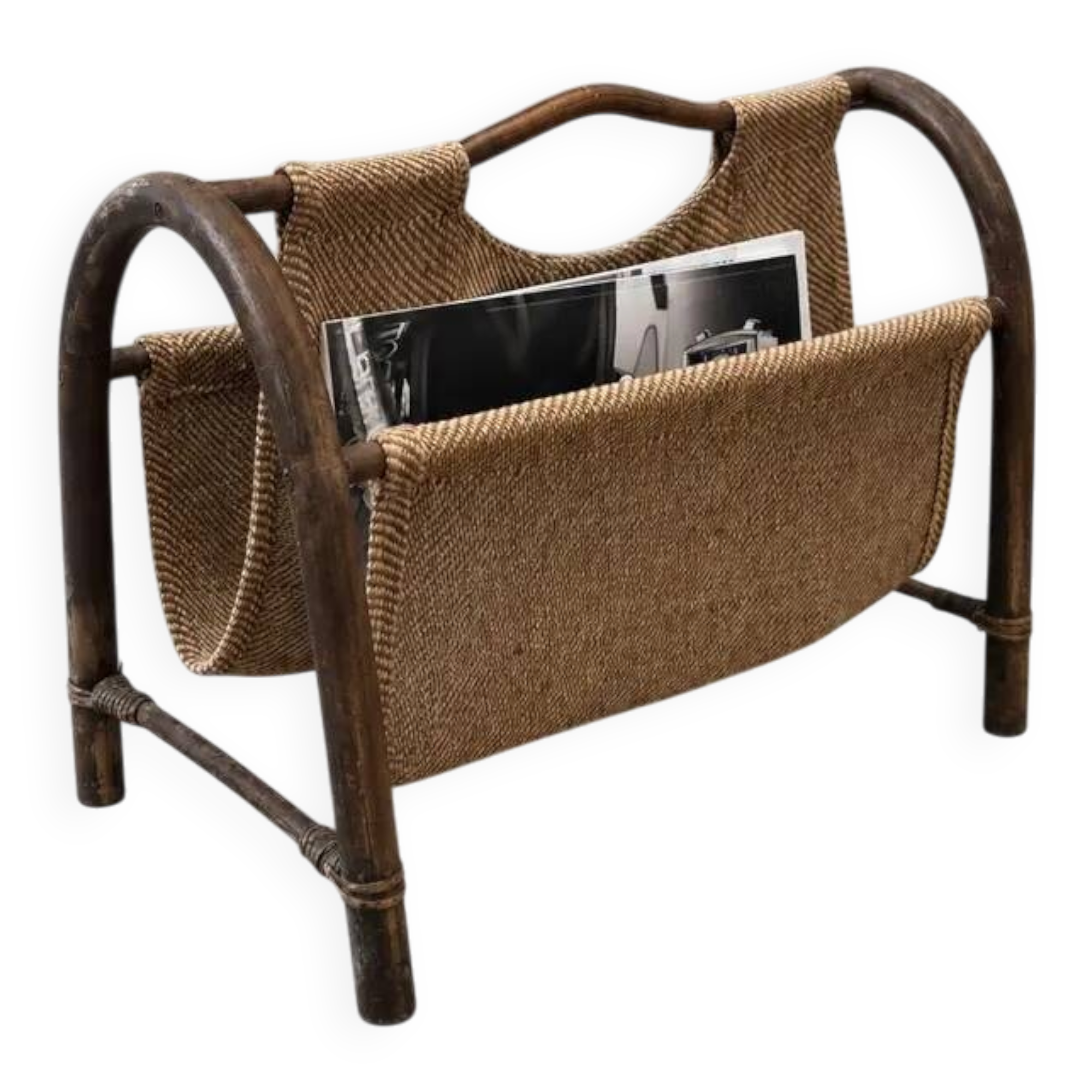porte-revues vintage en rotin et jute | style bohème des années 50 | années 1970