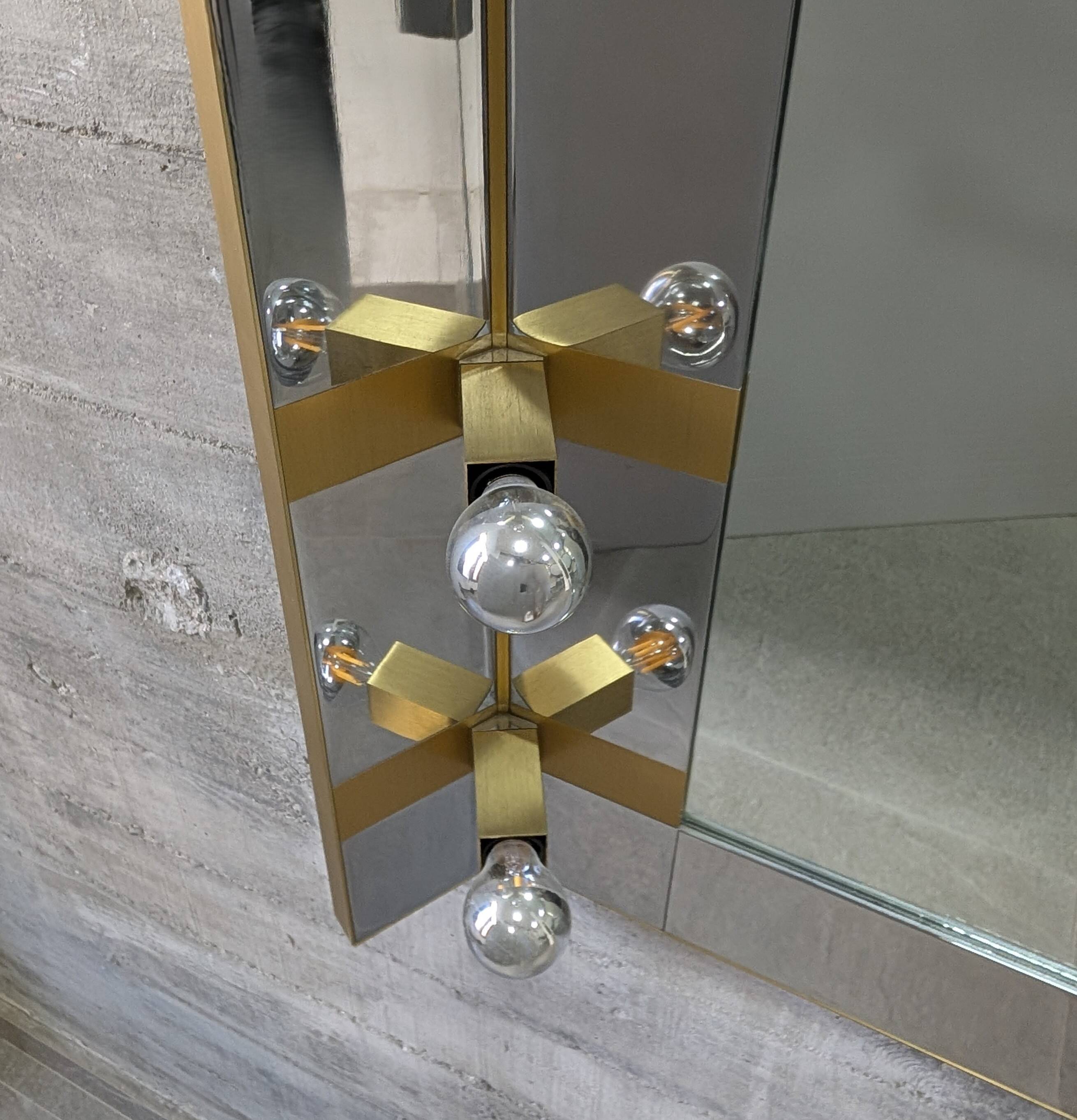Illuminated dressing room mirror by Gaetano Sciolari in chrome and brass, Italy, 1970s