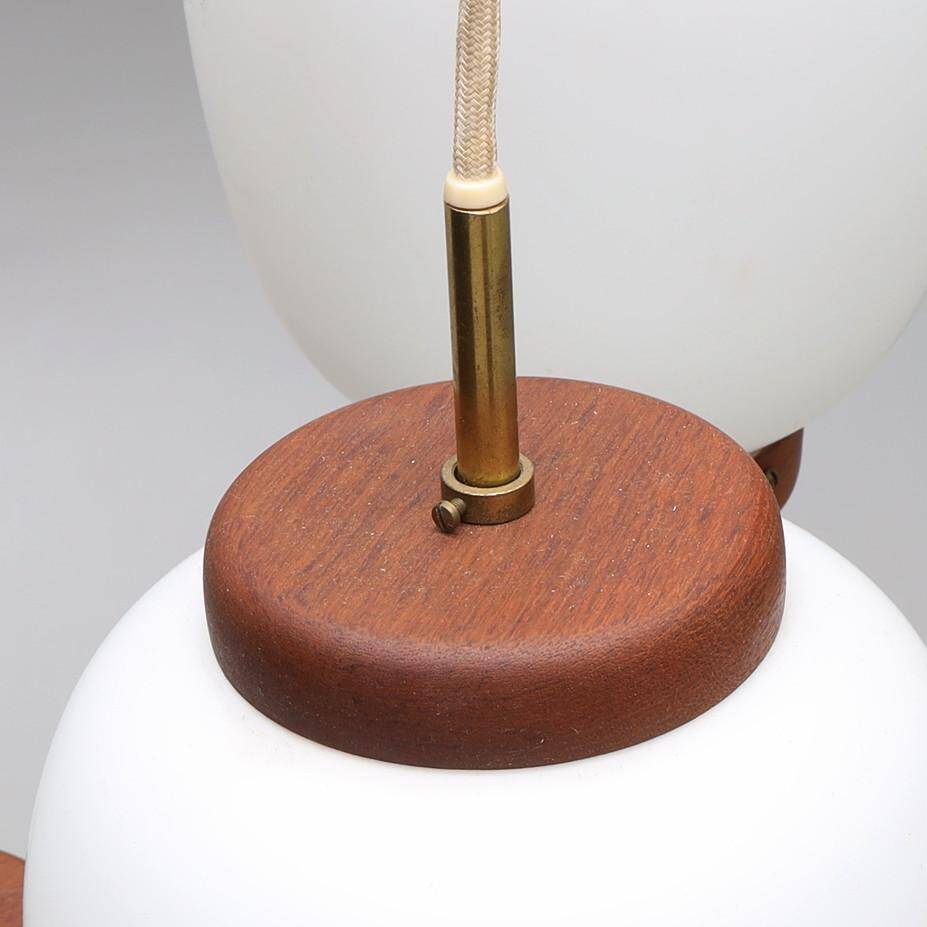 Bent Karlby "China" pendant lights, 3 lights, teak and glass, Lyfa, Denmark, 1960.