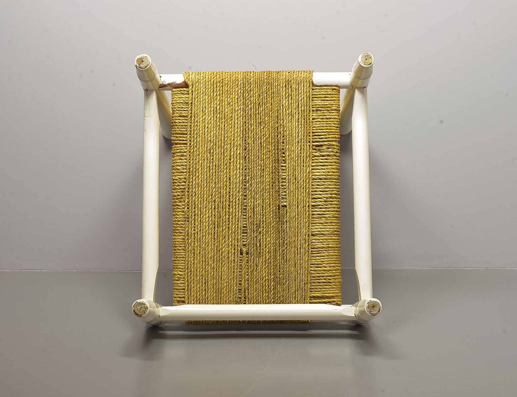 Charlotte Perriand Style Low Seat White Wicker Oak Lounge Chair and Stool