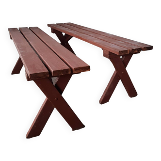 Pair of folding wooden garden benches