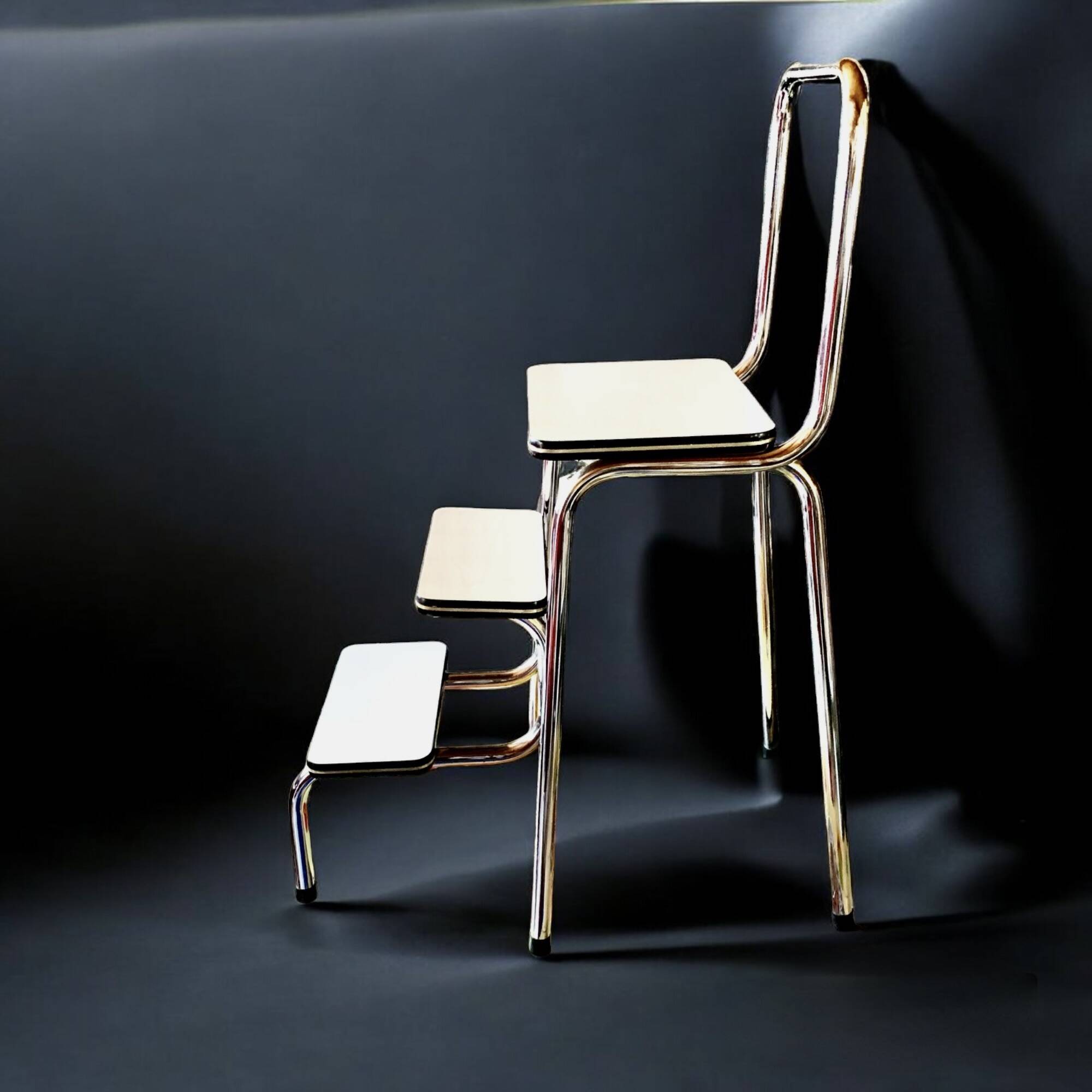 Vintage stepladder in Formica, wood and chromed metal