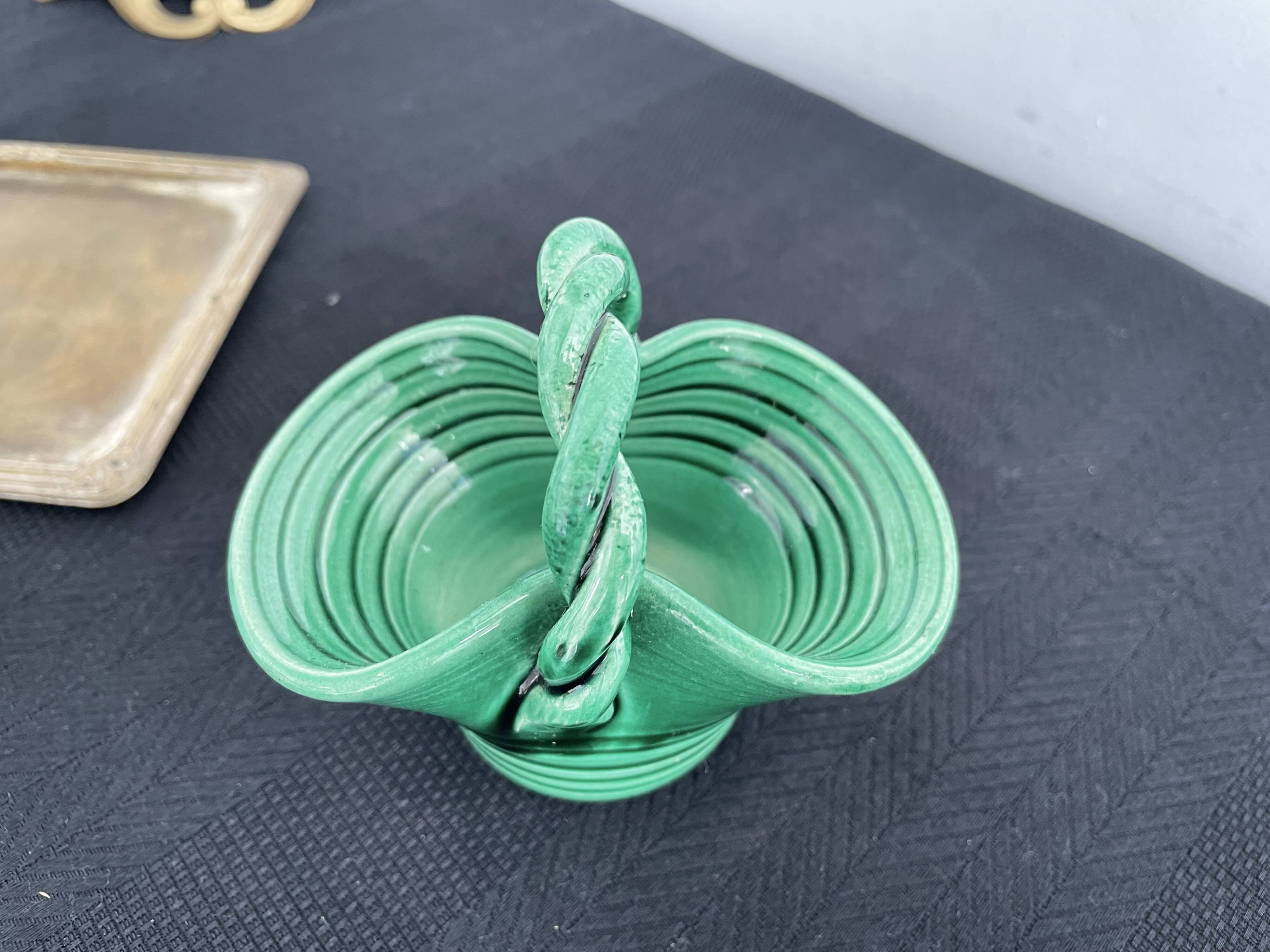 Vintage, woven basket, green, glazed earthenware, grooves, stylized, décor, French decoration, Fran